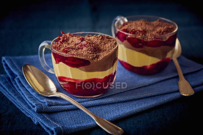 Desserts au chocolat, mangue et cerises en couches — Photo de stock