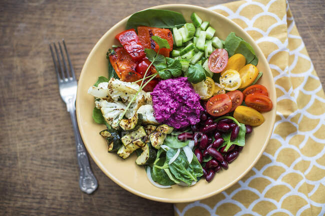 Bowl of salad with oven roasted vegtables, beans and beetroot hummus — Stock Photo