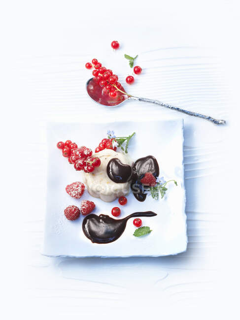 Pudding with chocolate sauce and berries — Stock Photo