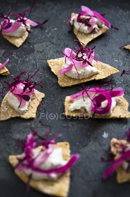 Tortilla chips with mackerel cream, red wine onions and red amaranth shoots — Stock Photo