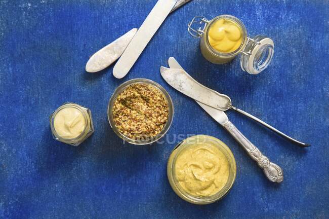 Moutarde avec couteaux sur bleu — Photo de stock