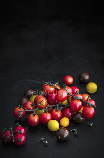 Tomates de videira coloridos em uma travessa de ardósia — Fotografia de Stock