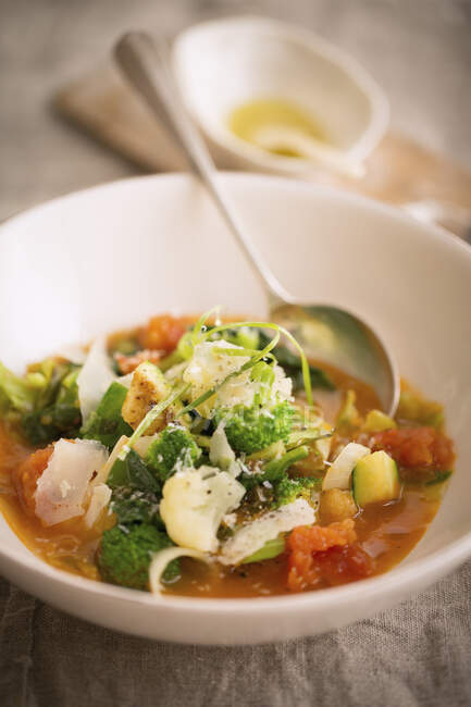 Минестроне с овощами в миске для супа — стоковое фото