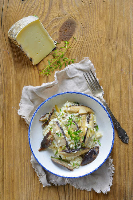 Risotto con rosmarino, formaggio e funghi in ciotola — Foto stock