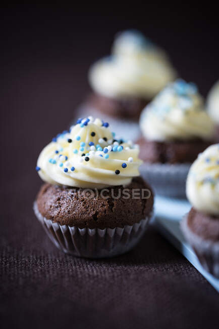 Mini cupcakes veganos de chocolate con crema y azúcar espolvorea - foto de stock