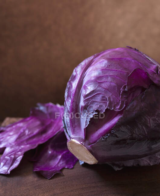 Whole Head of Purple Cabbage on Wooden Cutting Board — Stock Photo