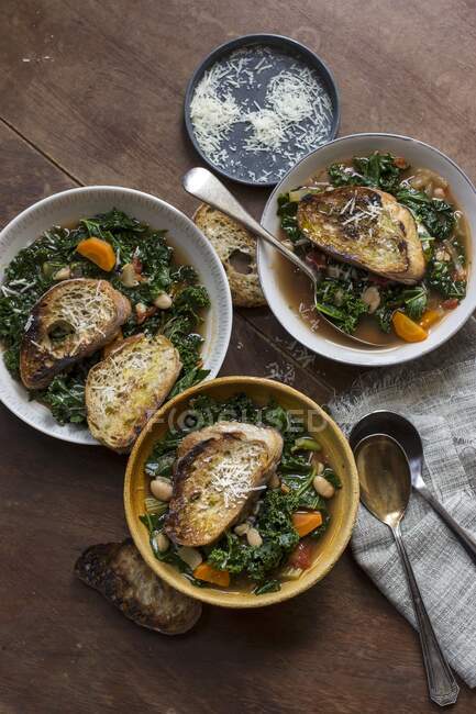 Ricollita-Suppe mit Grünkohl, Karotten, Tomaten, Parmesan und Brot — Stockfoto