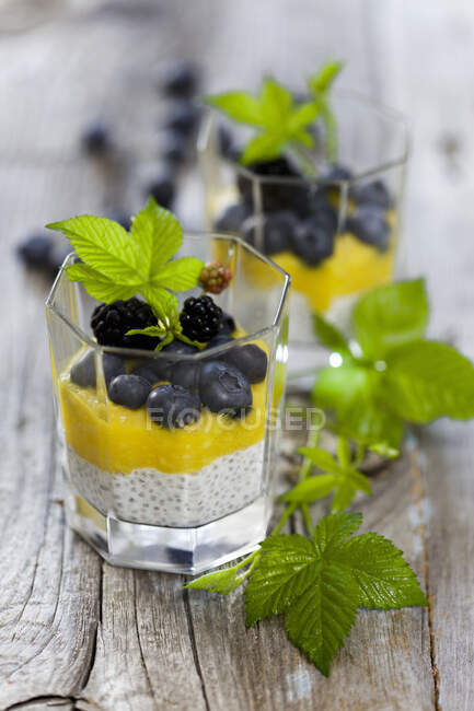 Mango mousse with chia seeds and blueberry — Stock Photo