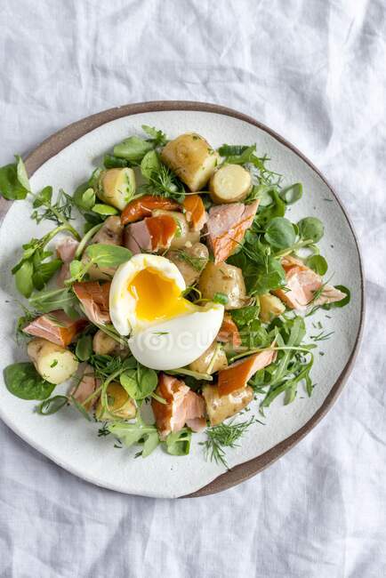 Potato and herb salad with honey roasted salmon and soft boiled egg — Stock Photo