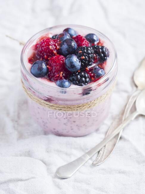 Vegan red chia pudding with coconut milk and summer berries — Stock Photo