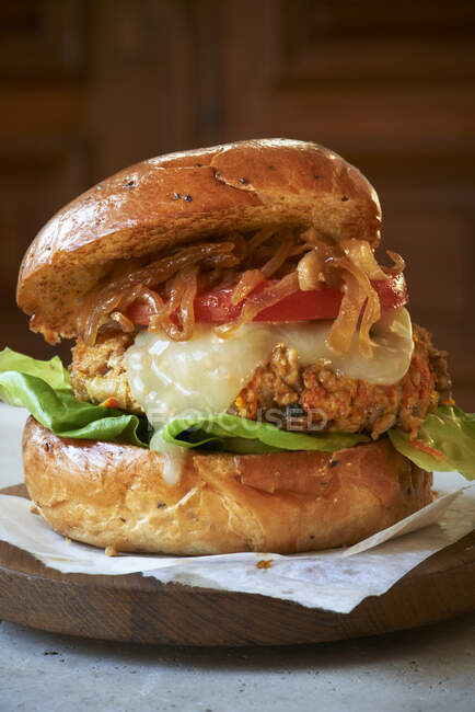 A classic tofu burger with cheese and onions — Stock Photo