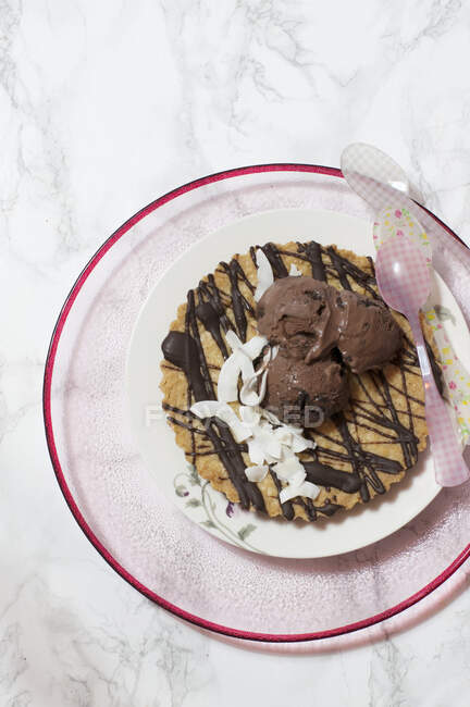 A large coconut cookie with chocolate ice cream — Stock Photo