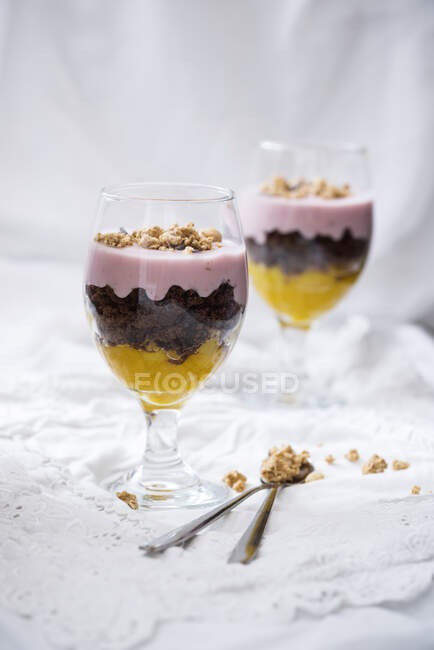 Веганский десерт в стаканах с манго, шоколадным тортом, люпинным йогуртом и мюсли — стоковое фото