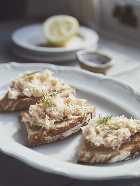 Toasts with crab meat and herbs on plate — Stock Photo