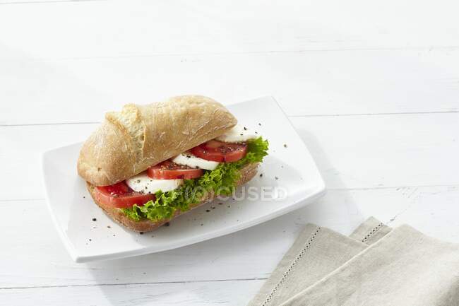 A baguette roll with tomato and mozzarella — Stock Photo