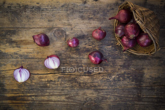Cebollas rojas orgánicas en una cesta y delante de ella - foto de stock