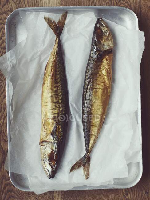 Smoked mackerel on a baking sheet — Stock Photo