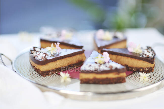 Rohe Schokoladenkuchenscheiben mit Kokos-Dattelbasis, Sonnenblumenkerncreme und Schokoladenglasur (vegan)) — Stockfoto