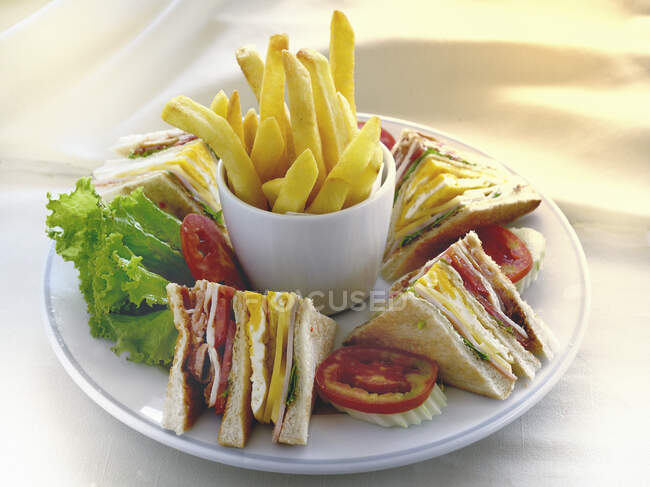Sanduíches de clube com batatas fritas no prato — Fotografia de Stock