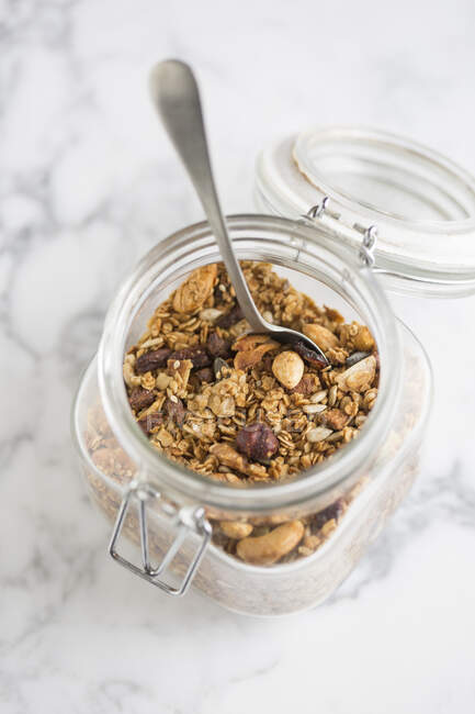 Honey and nut granola with coconut flakes, goji berries and seeds — Stock Photo
