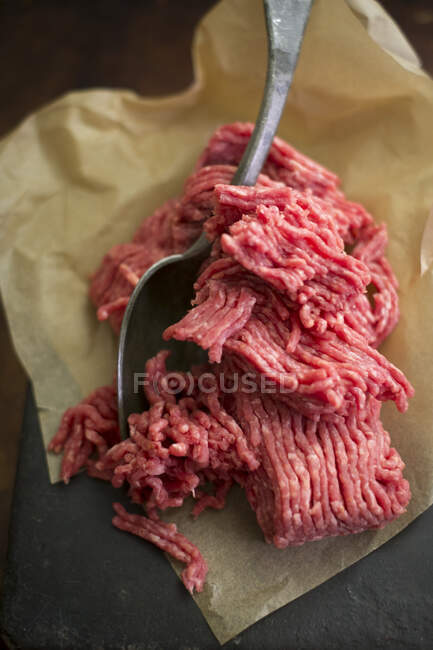 Fresh minced meat with a spoon on a piece of paper (close-up) — Stock Photo
