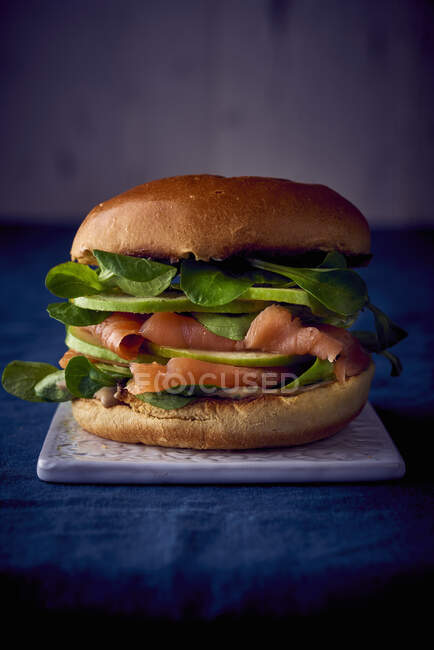 Ein Räucherlachs-Apfel-Lammsalat-Burger — Stockfoto
