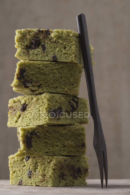 A stack of matcha brownies with chocolate chips — Stock Photo