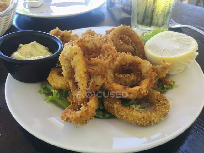 Una porzione di anelli di calamari fritti su un piatto bianco con limone e salsa d'immersione — Foto stock