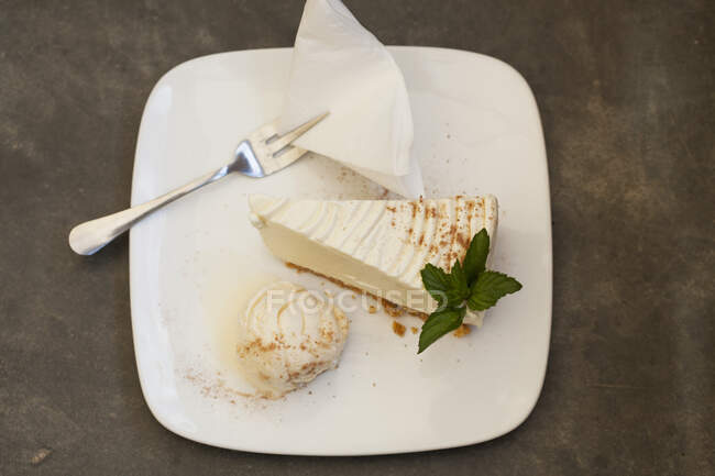 Bolo de queijo com colher de sorvete de Vanillla — Fotografia de Stock