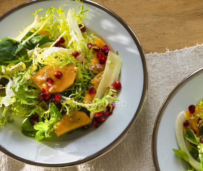 A mixed leaf salad with mango and pomegranate seeds — Stock Photo