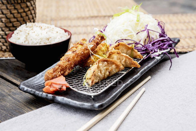 Gyoza and Prawn Katsu platter served with rice — Stock Photo