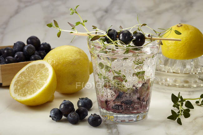 Verre de limonade aux myrtilles avec thym entouré d'ingrédients — Photo de stock