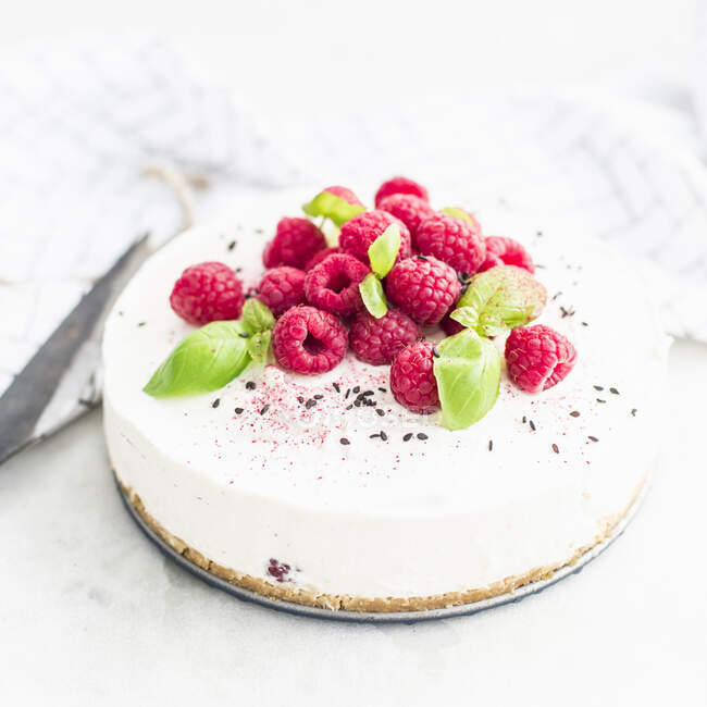 Cheesecake with raspberries and basil — Stock Photo