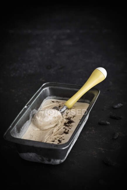 Tonka bean ice cream in a tray, with and ice cream scoop and tonka beans — Stock Photo
