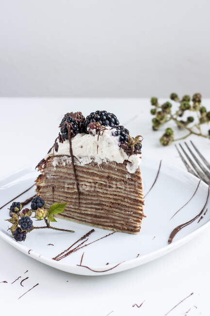 Uma fatia de bolo de panqueca com chocolate e amoras — Fotografia de Stock