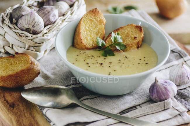 Zuppa di aglio con crostini — Foto stock