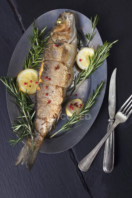Whole Branzini Trussed, Stuffed and Roasted on a Metal Platter — Stock Photo