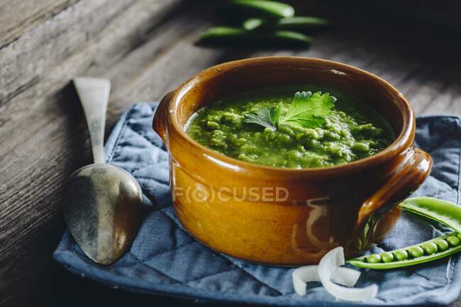 Sopa de guisantes verdes con perejil - foto de stock