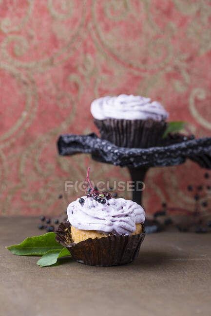 Cupcakes with elderberries and purple frosting and green leaves — Stock Photo
