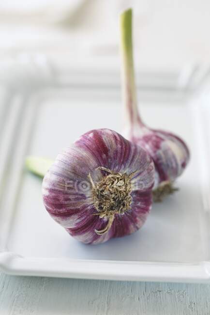 Fresh garlic in a bowl and knife on a white background. selective focus. — Stock Photo