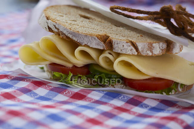 Ein Sandwich mit knusprigem Brot, Käse, Tomaten und Salat — Stockfoto