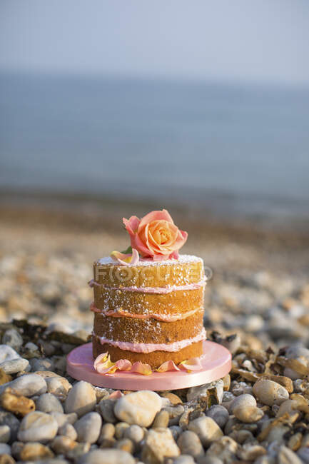 Un pastel en capas decorado con una rosa en una playa - foto de stock