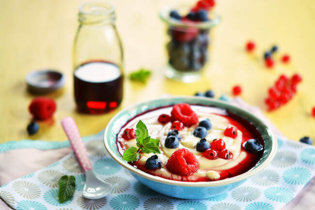 Pudding mit frischen Früchten und Fruchtsirup — Stockfoto
