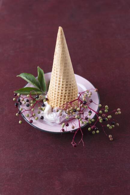 Um cone de sorvete invertido com sorvete de sabugueiro — Fotografia de Stock