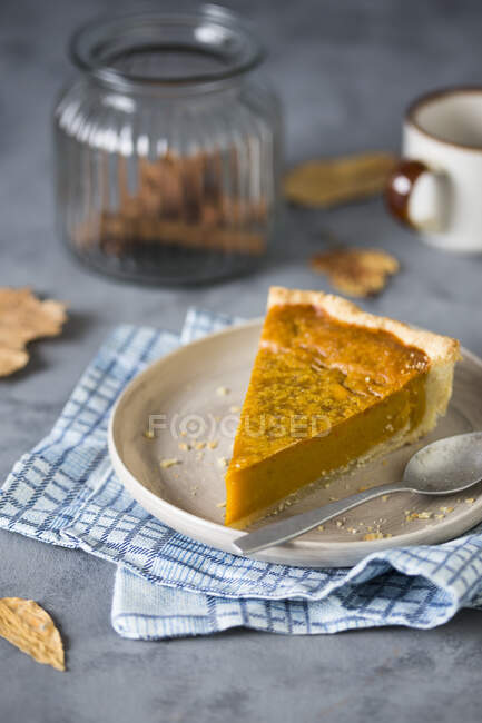 A slice of pumpkin pie on a plate with a spoon — Stock Photo