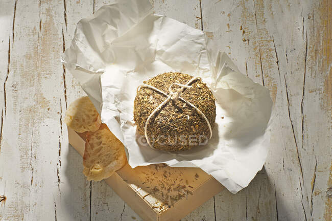 Pecorino mit Kamillenschale auf weißem Papier und Brotscheiben — Stockfoto