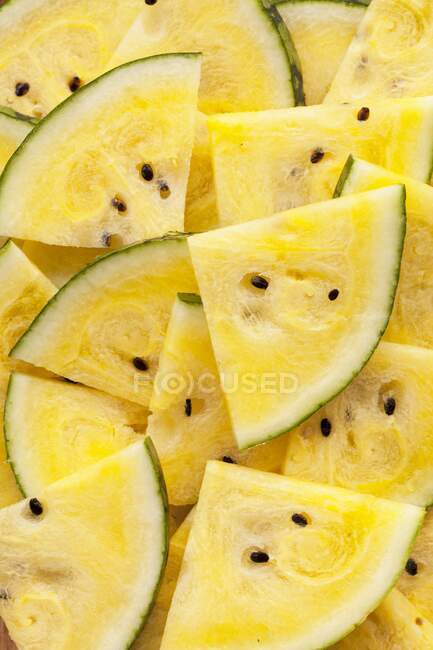 Close-up shot of delicious Pieces of yellow watermelon — Stock Photo