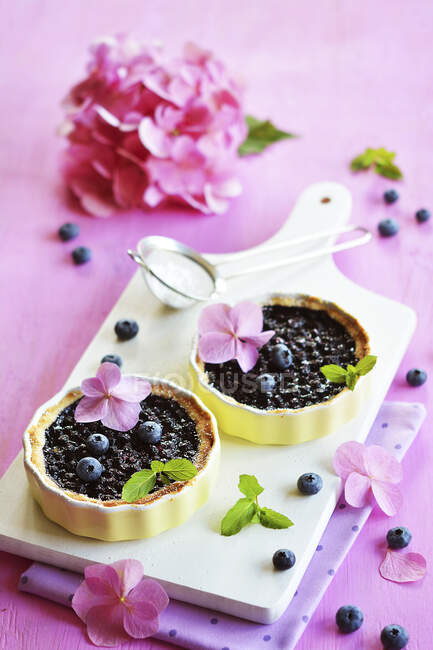 Blueberries tartlets with pink hydrangeas and mint on wooden board — Stock Photo