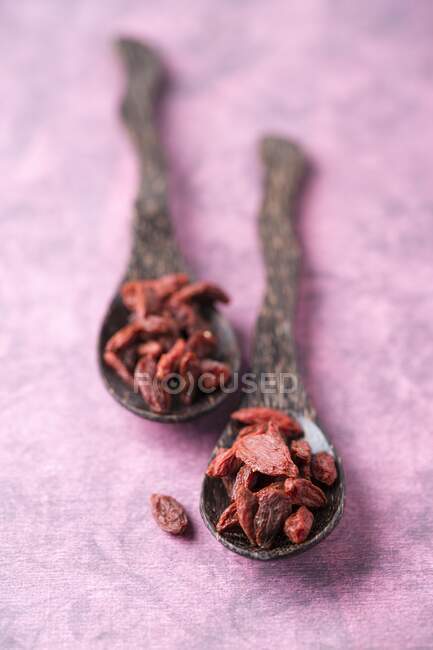 Dried goji berries on two spoons — Stock Photo