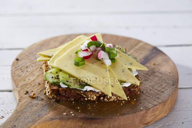 A slice of bread topped with vegan herb cheese and cucumber — Stock Photo